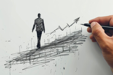 A hand drawing a concept sketch of a person walking towards an upward arrow on a white background, symbolizing growth or success. Generative AI
