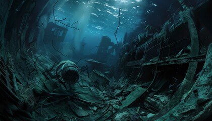 Imagine an aquatic dystopian realm from a fish-eye perspective, revealing shadowed ruins and mechanical remnants beneath turbulent waters, capturing the eerie beauty of the submerged city - obrazy, fototapety, plakaty
