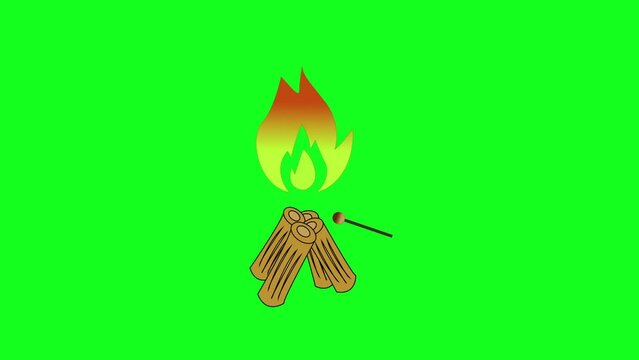 Campfire animation with matches burning firewood green screen background.
