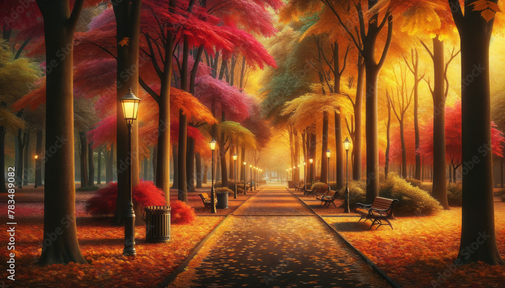Poster an enchanting autumn park with colorful trees, benches, and lamp posts, on a misty background, conve
