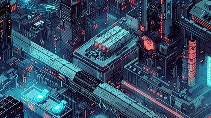 Illustrate the intricate details of a sci-fi inspired cityscape seen from above, using pixel art to emphasize the interplay of advanced technologies and urban landscape - obrazy, fototapety, plakaty