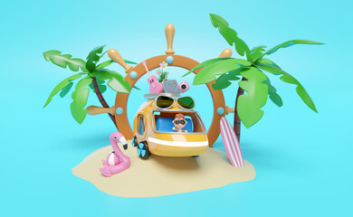 3d bus or van with stern wheel, boy, island, surf board, tree, guitar, luggage, camera, sunglasses, flower, flamingo isolated on blue background. summer travel concept, 3d render illustration