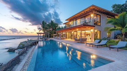 Fototapeta na wymiar Luxurious home with pool on private beach at blue hour, AI-generative