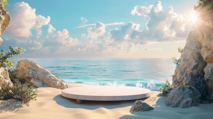Envision a 3D podium on a sun-kissed beach, where the sand meets the sea. The perfect setting for a summer product launch, with the ocean as a stunning backdrop. - obrazy, fototapety, plakaty