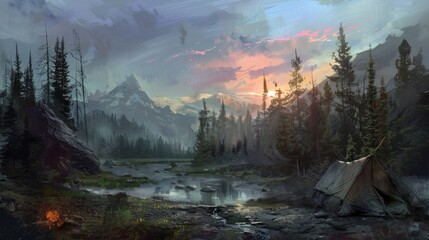 Illustrate the harmony between utopian dreams and the rugged charm of wilderness camping in a traditional art medium Embrace the impressionistic style to portray the ethereal essence of nature, blendi