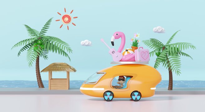 3d tourist buses run along the beach road with boy, tree, guitar, luggage, sunglasses, flower, flamingo isolated on blue. summer travel concept, 3d render illustration
