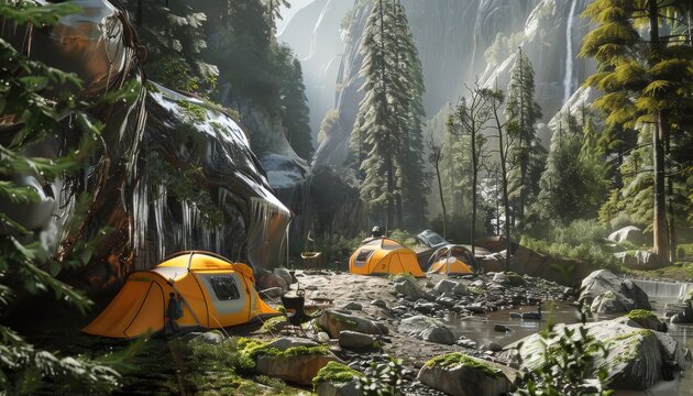 Illustrate the harmony of wilderness camping and futuristic technologies with a photorealistic approach Imagine high-tech gear blending seamlessly into a picturesque camping scene, with unexpected cam