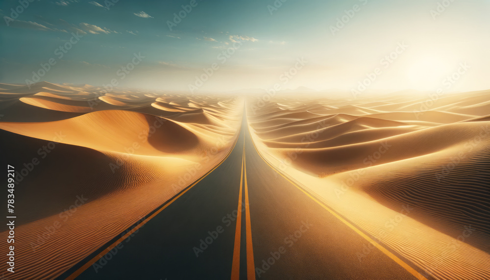 Poster an empty road extending through vast sand dunes, illuminated by golden sunrise light, symbolizes a j