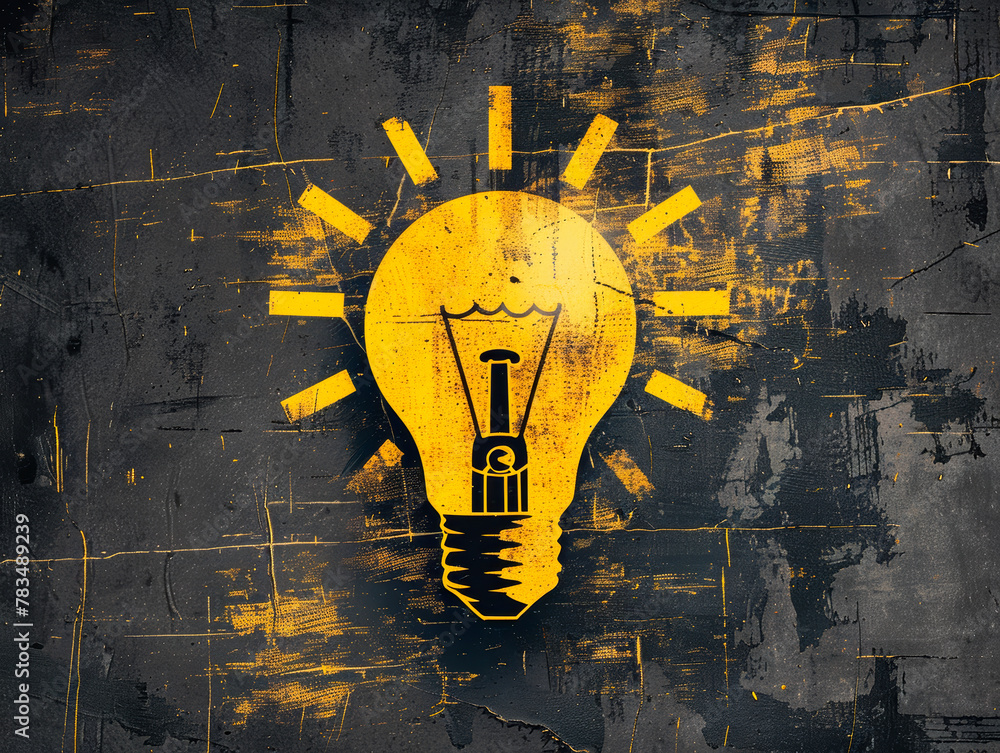 Poster a yellow lightbulb illustration with artistic scratches on a dark grungy background, symbolizing a c