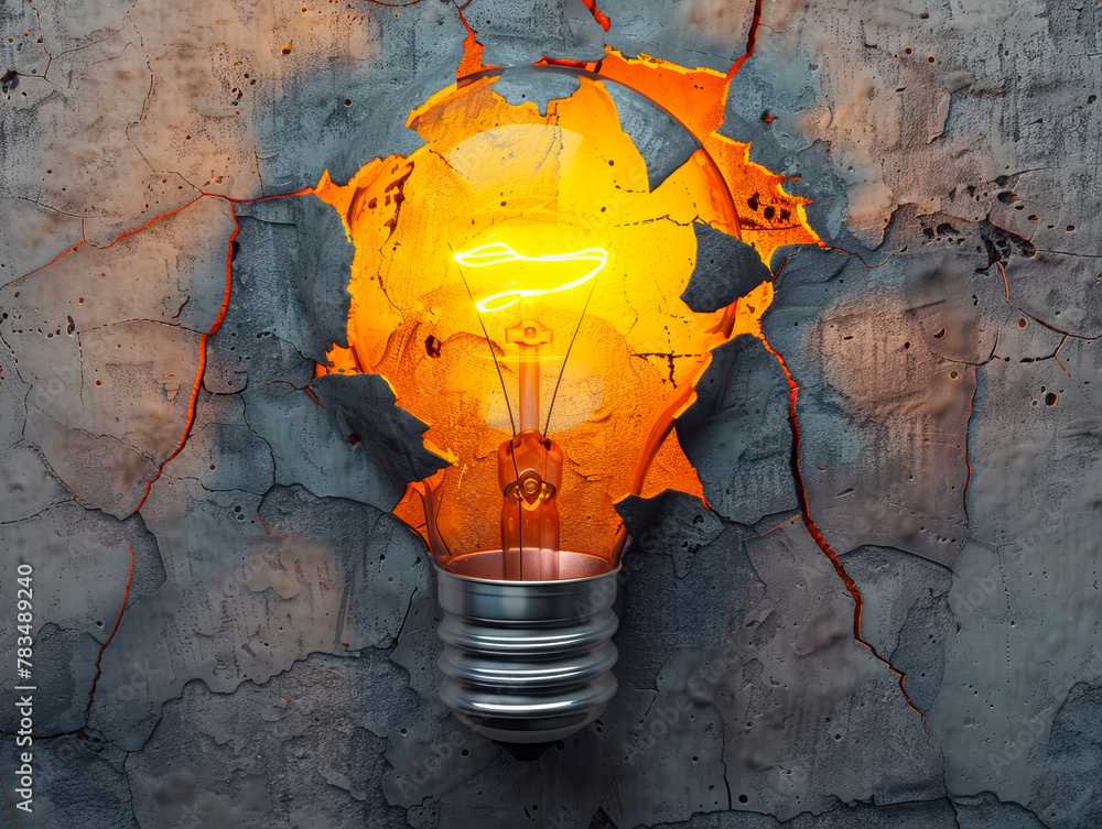 Poster a lightbulb casting a bright orange glow cracks through a grey concrete wall, symbolizing a burst of