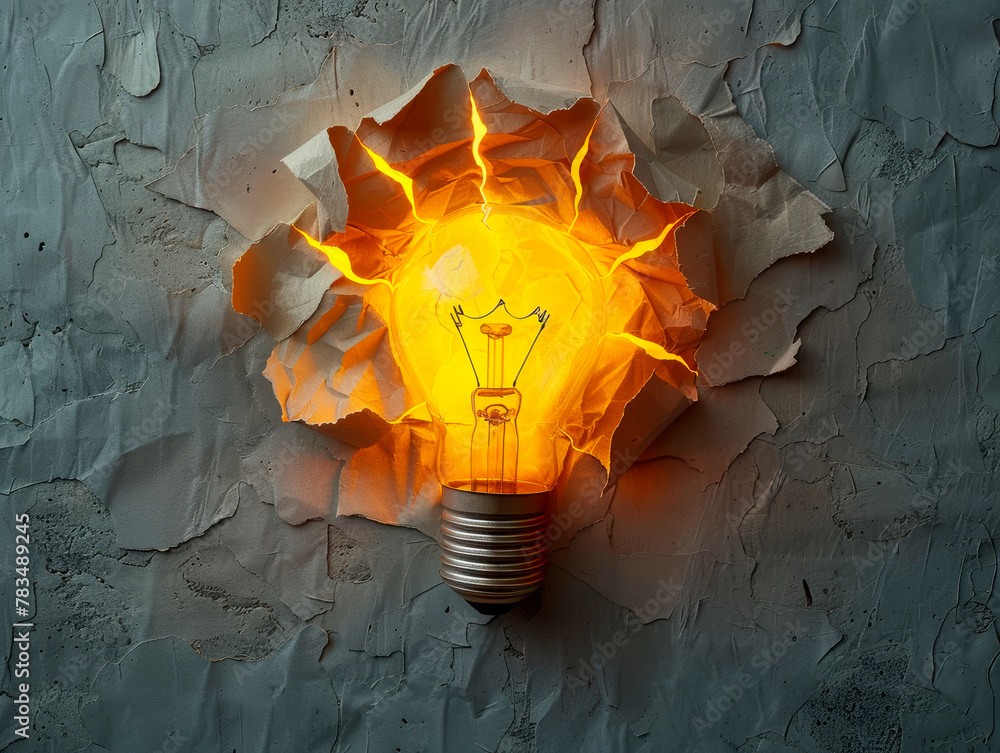 Aufkleber A lightbulb emerging through a torn gray background, signifying an idea or a breakthrough concept, Generative AI. Generative AI