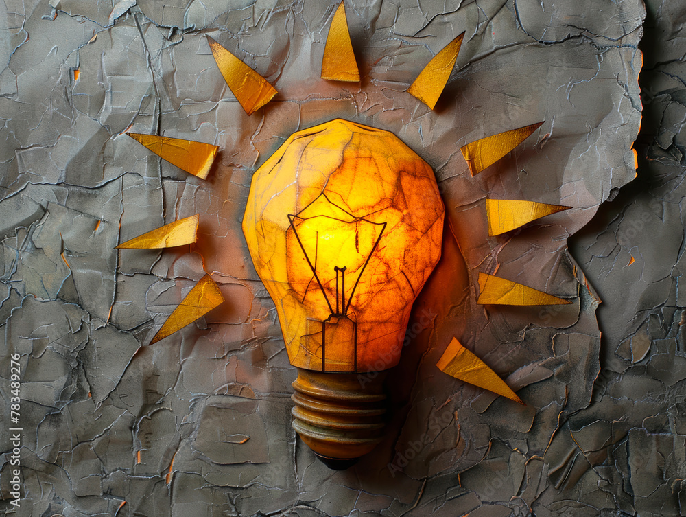 Poster a glowing lightbulb with cracks on its surface surrounded by shattered pieces on a textured backgrou