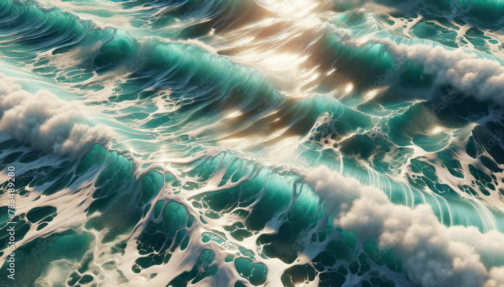 Poster aerial view of ocean waves, digitally illustrated, with a shimmering sunlight effect on a clear day,