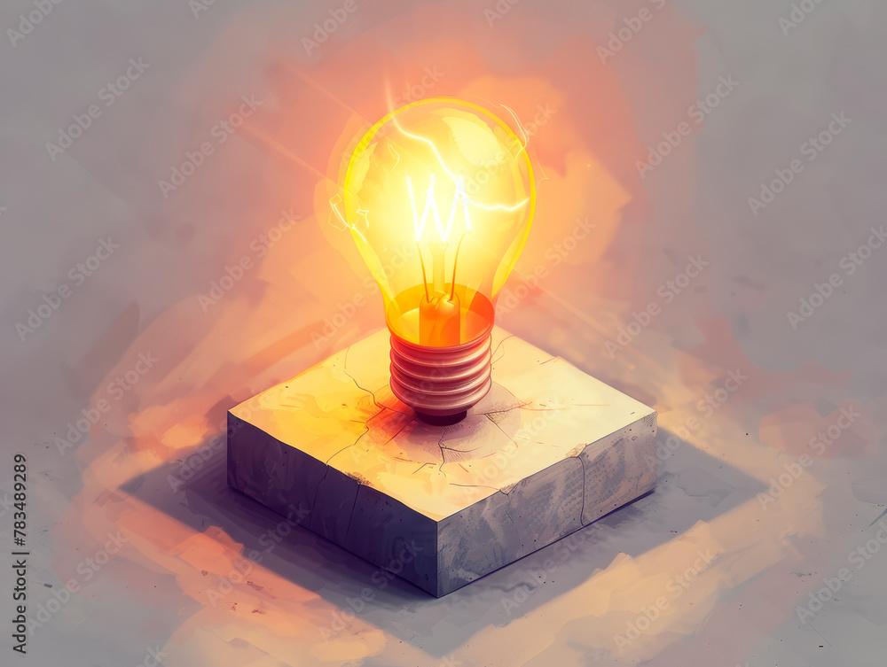 Aufkleber Glowing lightbulb on a stone block with artistic background, symbolizing a bright idea or concept. Generative AI