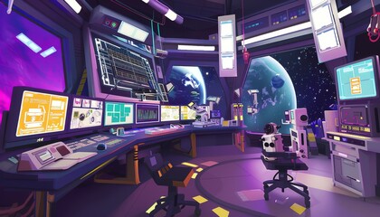 Illustrate a galactic mishap in a wide-angle view of a space mission control center, featuring a zany mix of robotic assistants, eccentric scientists, and high-tech gadgets in a vibrant pixel art rend - obrazy, fototapety, plakaty