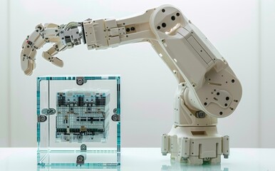A close-up of an industrial robotic arm holding a cube glass box containing a microchip, with a white theme,