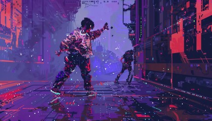 Illustrate a futuristic dance performance using pixel art, blending personal life stories with surreal elements to convey strong leadership values in a unique and engaging way - obrazy, fototapety, plakaty