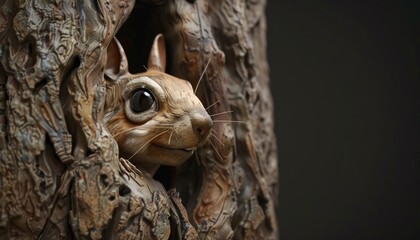 Fototapeta premium Illustrate a clay sculpture of a robotic squirrel peeking curiously from a tree trunk in detailed, realistic texture