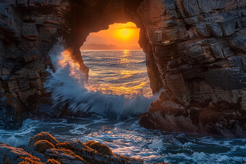 A naturally formed archway in a rock formation by the sea, with waves crashing through it at sunset. 32k, full ultra hd, high resolution - obrazy, fototapety, plakaty