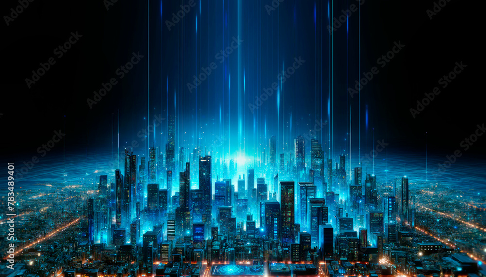 Poster a futuristic cityscape with digital effects, showcasing a concept of advanced urban technology on a 