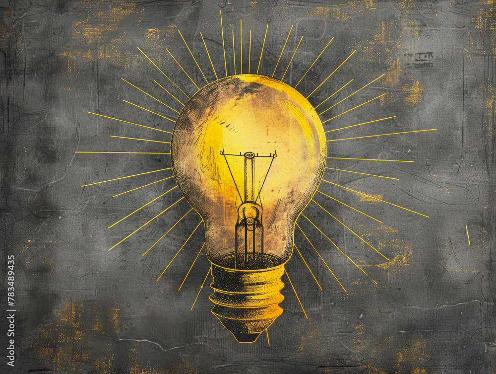 Poster a glowing lightbulb on a textured grey and yellow background, symbolizing ideas and creativity. gene
