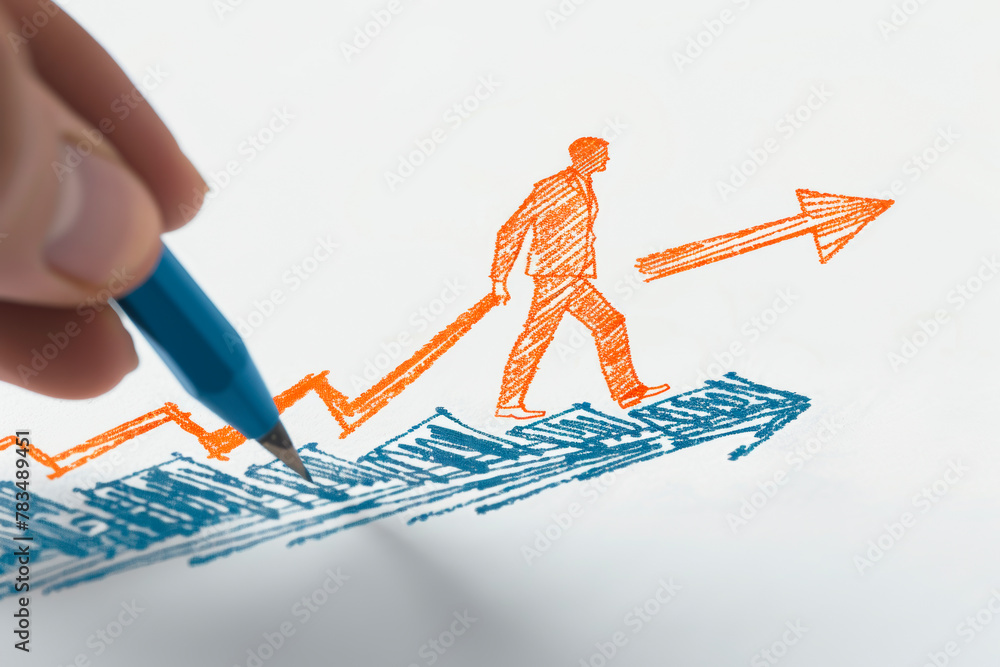 Poster a hand drawing an orange man walking on a progress chart towards an arrow, depicting a success conce