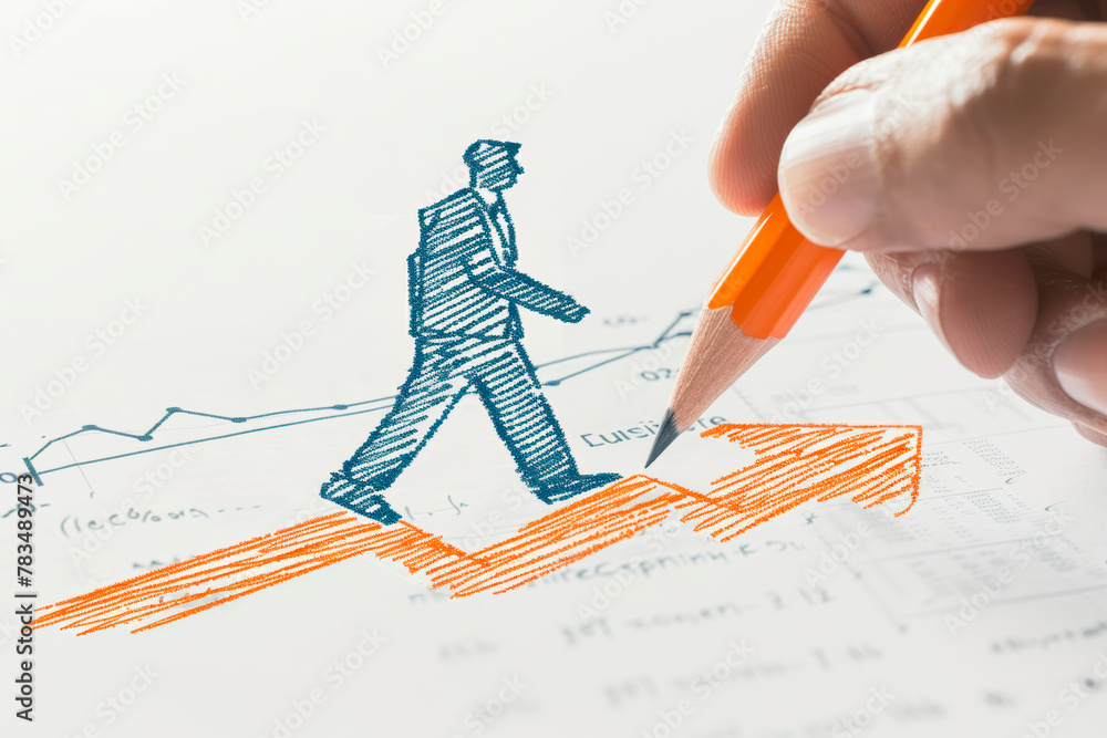Poster A hand drawing a sketch of a person walking on a graph, symbolizing progress or growth in business on a white background. Generative AI