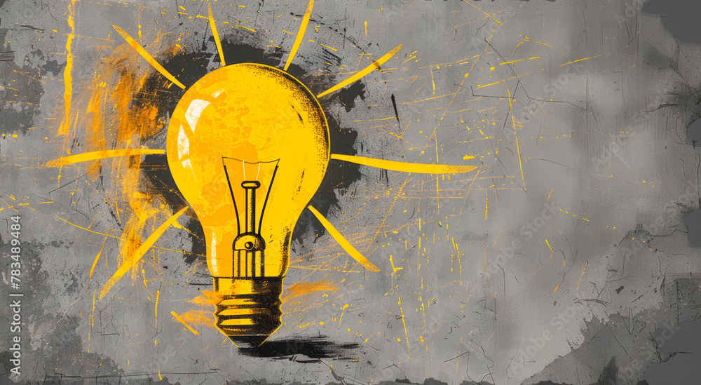 Poster illustrated lightbulb on a textured grey background representing a bright idea or creative concept. 
