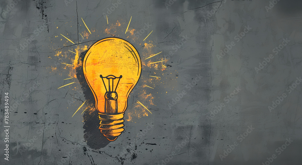 Poster a glowing lightbulb against a grungy background, symbolizing a bright idea or creative concept. gene