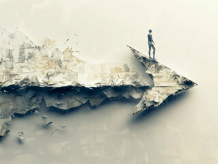 A silhouette on a paper cliff, artistic style, white and beige background, concept of exploration. Generative AI