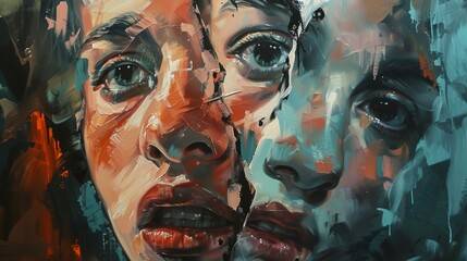 Explore surrealism in oil paint, depicting a face split by contrasting emotions through sharp brushstrokes Enhance the depth with unexpected lighting angles