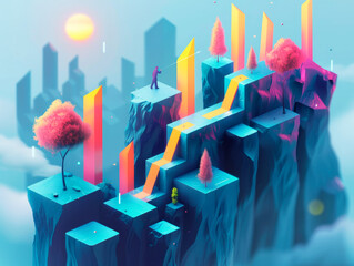 A surreal landscape with floating islands, colorful gradients, trees, a person, and geometric...