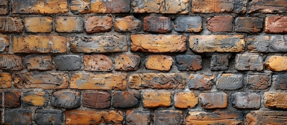 Poster close-up view of a weathered brick wall with a significant amount of rust and corrosion present, cre
