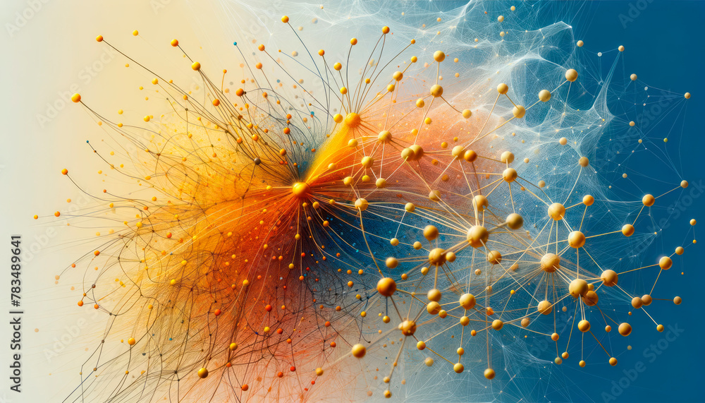 Poster Abstract network of connections with nodes on a blue and orange gradient background, illustrating a concept of connectivity. Generative AI