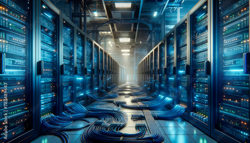 Poster A corridor of server racks in a data center, illuminated by blue lights, symbolizing technology and network infrastructure, Generative AI. Generative AI