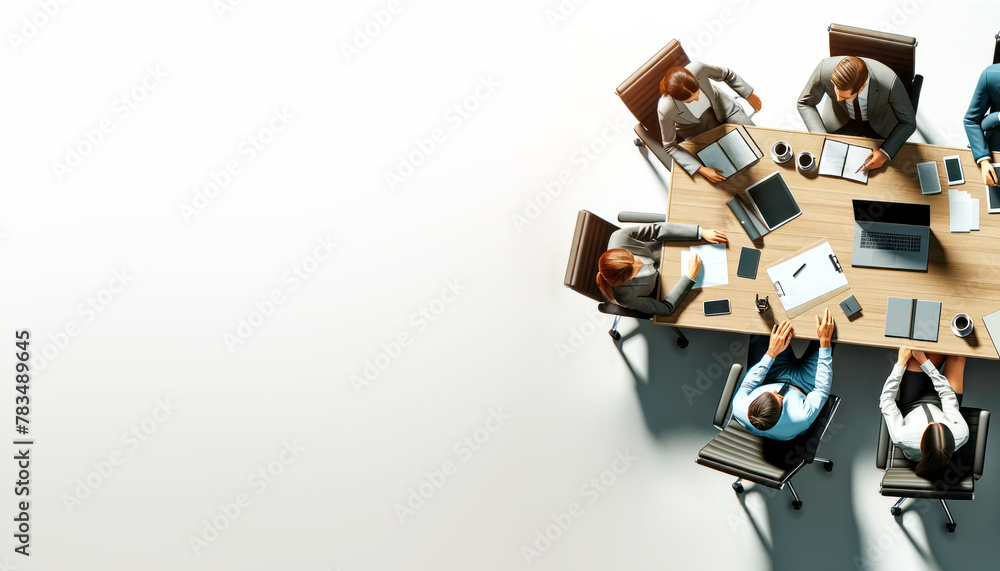 Poster top view of a business meeting with people around a table, on a white background, depicting teamwork