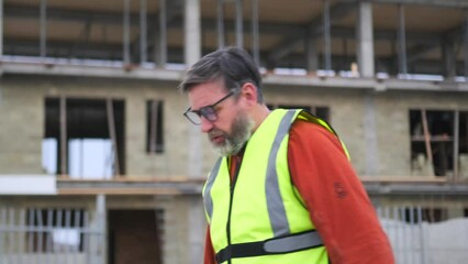 Male builder foreman with a beard and glasses takes off his protective helmet at the end of the working day leaving the construction site.