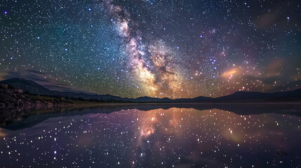 A night sky filled with stars over a peaceful lake, where the milky way is reflected in the still waters, creating a double vision of the universe's vast beauty. 32k, full ultra hd, high resolution