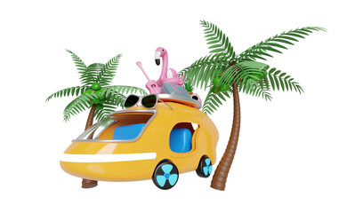 3d bus or van with tree, guitar, luggage, camera, sunglasses, flower, flamingo isolated. summer travel concept, 3d render illustration