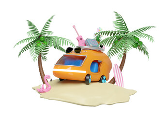 3d bus or van with island, surf board, tree, guitar, luggage, camera, sunglasses, flower, flamingo isolated. summer travel concept, 3d render illustration