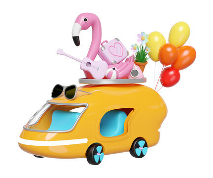 3d bus or van with guitar, luggage, balloons, camera, sunglasses, flower, flamingo isolated. summer travel concept, 3d render illustration