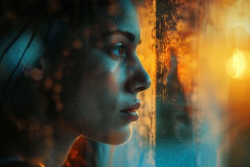 Contemplative woman gazing out a rain-streaked window, reflecting on life, vibrant city lights setting a moody backdrop.

