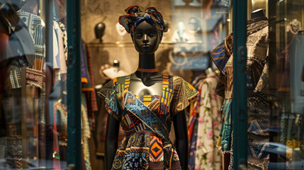 In a chic Parisian boutique a mannequin wears a stunning floorlength dress made from a beautiful mix of French lace and bold African fabric. The fusion of cultures creates a striking . - obrazy, fototapety, plakaty