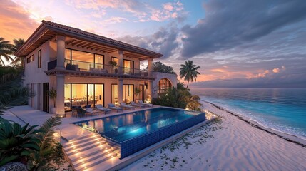 Luxurious home with pool on private beach at blue hour, AI-generative