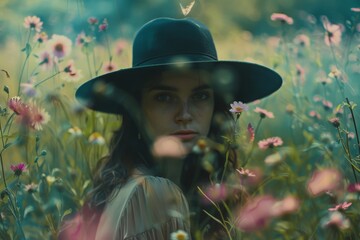 Mystical portrait of a woman in a hat amidst vibrant wildflowers, evoking a sense of enchantment and connection with nature.

