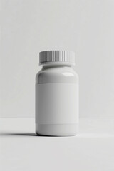 A white pill bottle with a white label sits on a white surface