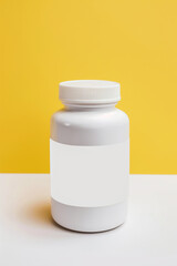 A white bottle with a white label sits on a yellow background