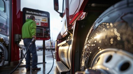 A closeup image of a truck driver refueling their vehicle at a gas station. In the background a sign displaying Biofuel Blend can be seen indicating that this gas station is part of .