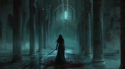 A Female Elf RPG Character Holding a Sword Walking Through A Bloody Castle Corridor Fantasy Art - obrazy, fototapety, plakaty