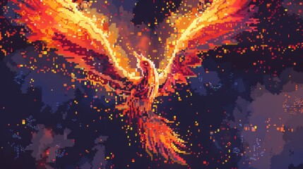 Fototapeta na wymiar Craft a pixel art representation of a phoenix rising from the ashes at eye level Use vibrant colors to portray the mythical birds rebirth in a dynamic and engaging composition
